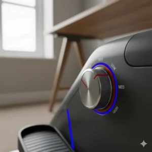 Detailed view of the adjustable resistance dial on a home office elliptical trainer with settings for varying workout intensities during the workday.