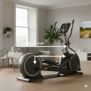 Illustration demonstrating the 18-inch stride length on an elliptical around £700, suitable for taller British users.