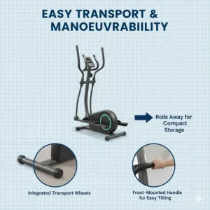 Close-up of integrated transport wheels allowing the elliptical to be moved easily around a room.