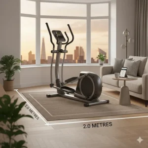 Technical illustration showing a compact elliptical trainer footprint measuring exactly 2x1 metres on a wooden floor.