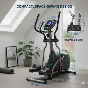 Diagram showing the small footprint and dimensions of a space-saving budget elliptical trainer.