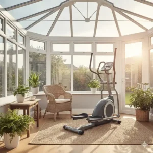 A small elliptical cross trainer positioned in a bright UK conservatory, taking up less than a 2x1 metre area.