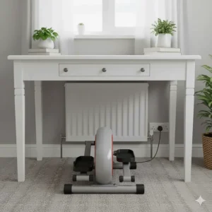 Front view of a compact pedal exerciser fitting neatly under a white desk in a small UK study, positioned in front of a standard household radiator.