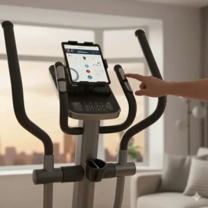 A compact elliptical featuring a tablet holder for UK fitness apps, designed for efficient workouts in small spaces.