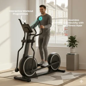 A man using a compact front drive elliptical in a small flat, viewing workout programmes on the console while a red London bus is visible through the window.