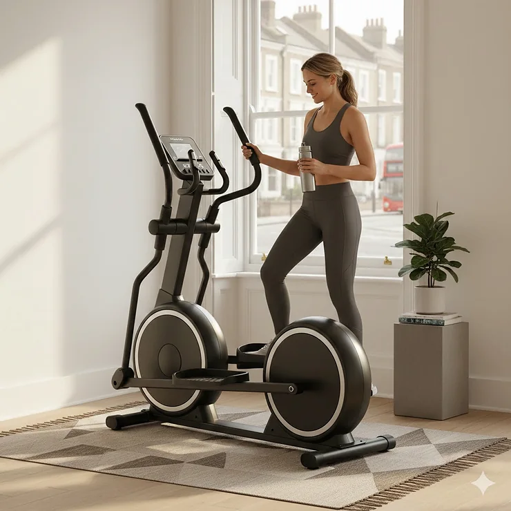 A compact front drive elliptical cross trainer positioned in the corner of a modern London flat, showing its space-saving design near a window. compact front drive elliptical for small flat