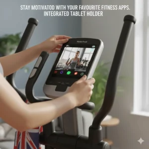 A person using a tablet on the elliptical console to stream a fitness class in a small home gym setup.