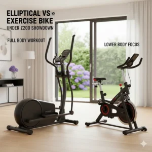 Comparison diagram between a budget cross trainer and a standard upright exercise bike.