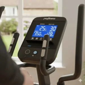 Close-up of a backlit digital display on an elliptical between £400 and £600 showing workout programmes.