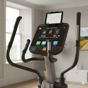 The backlit LCD console of a £700 cross trainer showing integrated UK fitness apps and heart rate monitoring.