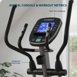 Close-up of the digital console displaying workout metrics including time, speed, distance, and calories burned.