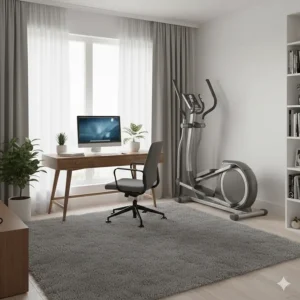 A compact elliptical that fits in a 2x1 metre space tucked into the corner of a British spare room used as a home office.