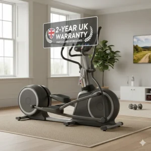 A graphic highlighting a 2-year UK parts and labour warranty, representing a cross trainer worth buying.