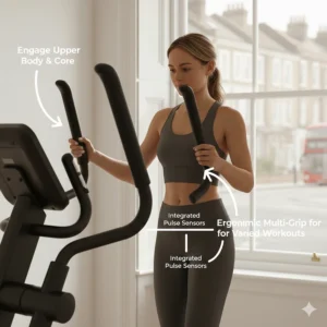 A woman using the ergonomic multi-grip handlebars of a cross trainer to engage her upper body and core during a home workout.