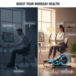 Diagram illustrating the correct ergonomic seating position and 90-degree knee angle for using a pedal exerciser at a desk while maintaining good posture.
