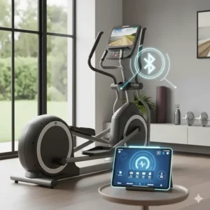 A smartphone synced via Bluetooth to a high end elliptical worth £1500, displaying heart rate and workout metrics.