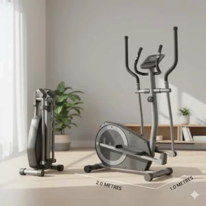 Side-by-side comparison of a compact elliptical folded and unfolded to demonstrate its 2x1 metre space-saving footprint.