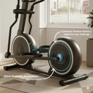 A detailed close-up of the front-mounted flywheel and magnetic resistance mechanism, highlighting the smooth vertical motion ideal for rooms with low ceilings.