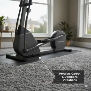 A high-density rubber equipment mat placed under a cross trainer to protect bedroom carpet and dampen vibrations.