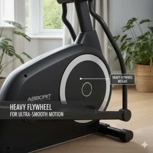Diagram highlighting a heavy flywheel for smooth motion on a sub-£1000 cross trainer.