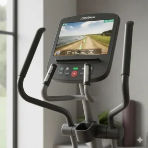 Close-up of a high end elliptical worth £1500 featuring an interactive HD touchscreen with UK scenic running routes.