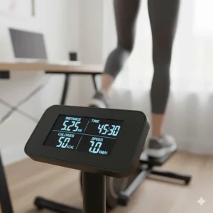 The digital LCD monitor of a home office elliptical displaying distance travelled in kilometres, speed in km/h, and calories burnt during a session.