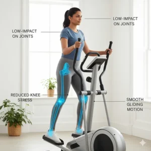An illustration showing the low-impact joint benefits of using an elliptical for home fitness.