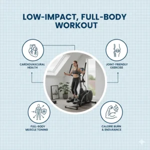 Infographic highlighting the low-impact cardiovascular benefits of using an elliptical for joint-friendly exercise.