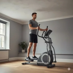 Illustration of a user on a compact elliptical with low-profile pedals, ideal for UK homes with lower ceiling heights.