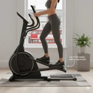 A side view illustration showing the low-profile step-on height of a front drive elliptical, ensuring safe and easy access in a small flat.
