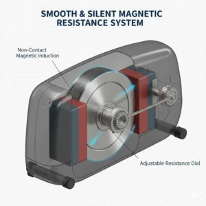 Illustration showing the internal magnetic fly-wheel mechanism of a budget elliptical for smooth, quiet operation.