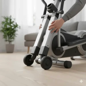 Close-up of built-in transport wheels allowing the folding elliptical to be moved across a wooden floor easily.