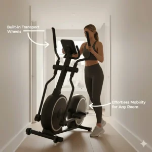A person easily tilting and moving a compact front drive elliptical using built-in transport wheels through a narrow hallway in a British home.
