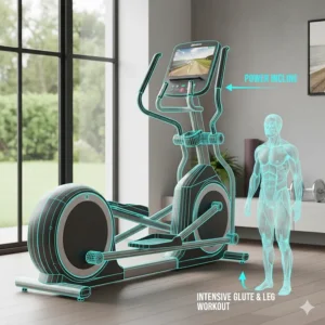 Side profile of a cross trainer at maximum power incline, highlighting the intensive workout capabilities of a £1500 machine.