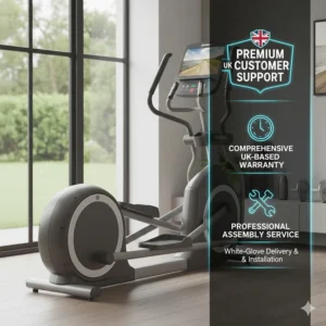 Graphic illustrating the comprehensive UK-based warranty and assembly service included with a high end elliptical purchase.