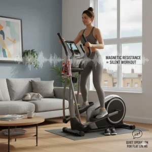 Illustration highlighting the magnetic resistance system for silent workouts that won't disturb neighbours in a flat.
