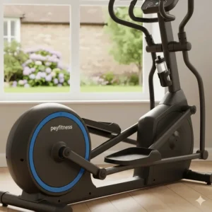 The smooth rear-drive flywheel mechanism of a mid-range cross trainer available in the UK.