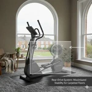 Comparison of a rear-drive cross trainer layout, ideal for stability on carpeted floors in upstairs rooms.