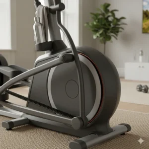 Internal view of a smooth 9kg flywheel on a rear-drive elliptical cross trainer worth buying for home use.