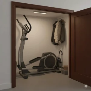 A compact elliptical stored neatly in a typical UK under-stairs cupboard, highlighting its space-saving design.