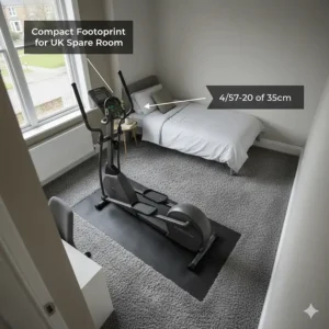 Overhead view showing the compact dimensions of a quiet elliptical fitting into a typical British spare bedroom.