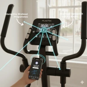 A digital console showing interactive workout programmes and a smartphone syncing via Bluetooth to popular UK fitness apps.