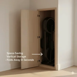 A compact elliptical cross trainer in its folded vertical position, stored neatly inside a typical storage cupboard to save floor space.