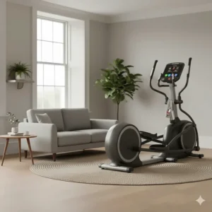 A compact elliptical cross trainer positioned in a small UK living room, demonstrating a space-saving footprint.