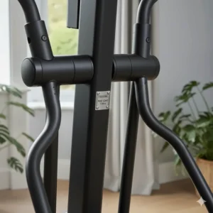 Detailed view of the sturdy steel frame of a mid-range home elliptical trainer.