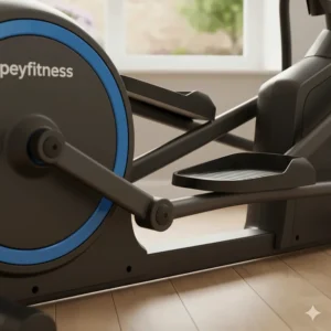 Detailed view of the sturdy tubular steel frame of a high-quality £500 cross trainer.