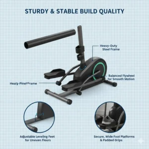 Illustration of the reinforced steel frame and non-slip pedals on a budget-friendly magnetic elliptical.