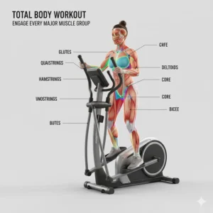 Anatomical illustration showing the muscle groups engaged when using a folding elliptical for a full-body home workout.