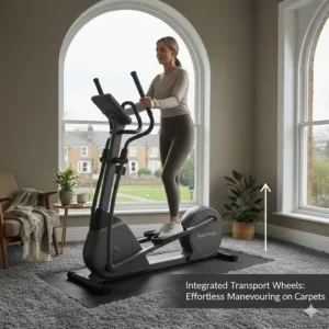Built-in transport wheels allowing the user to move the elliptical easily across a carpeted lounge or bedroom.