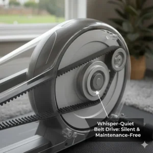 Interior view of a high-quality grooved belt drive that ensures silent pedalling compared to chain-driven models.